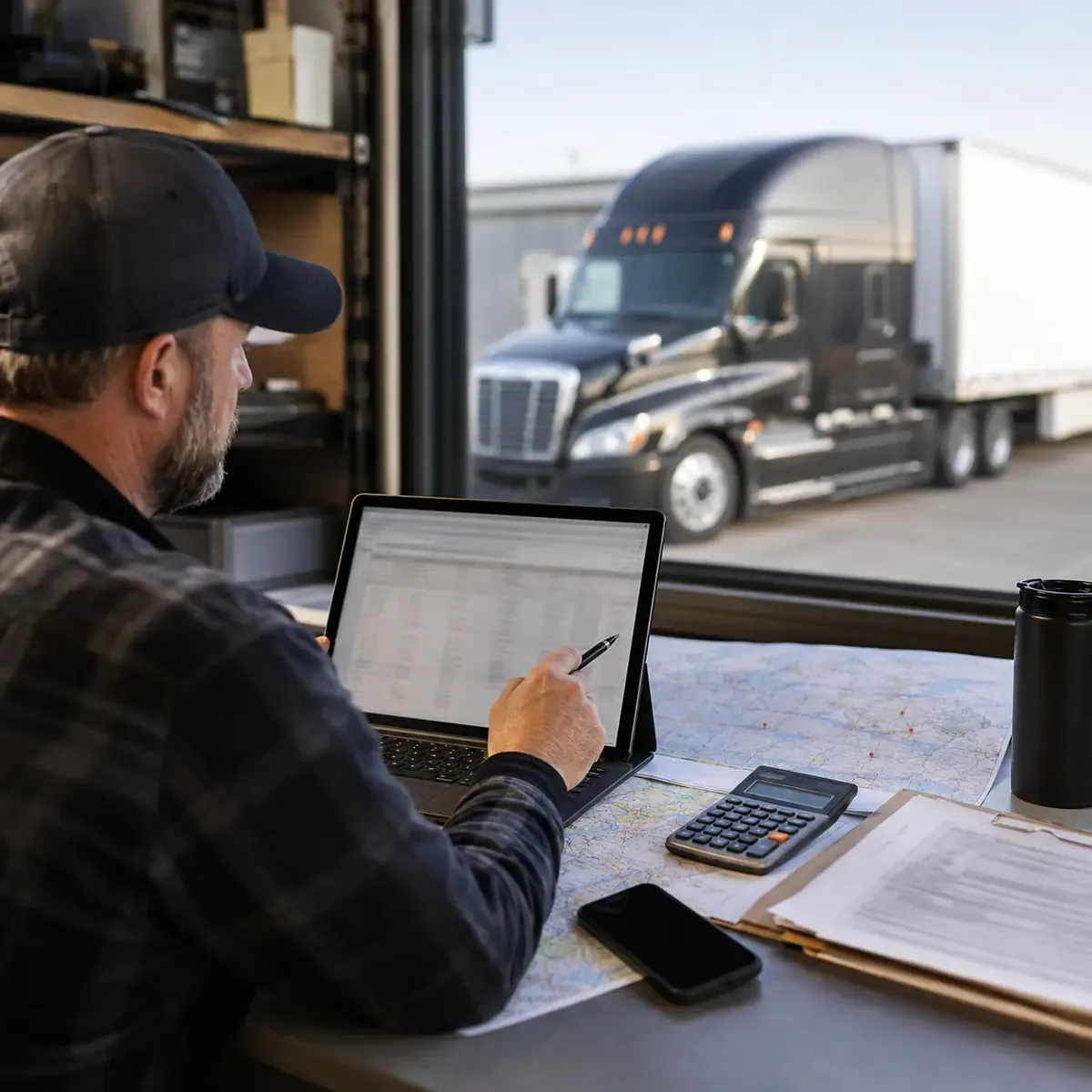 Owner-operator reviewing a freight rate confirmation before accepting a load