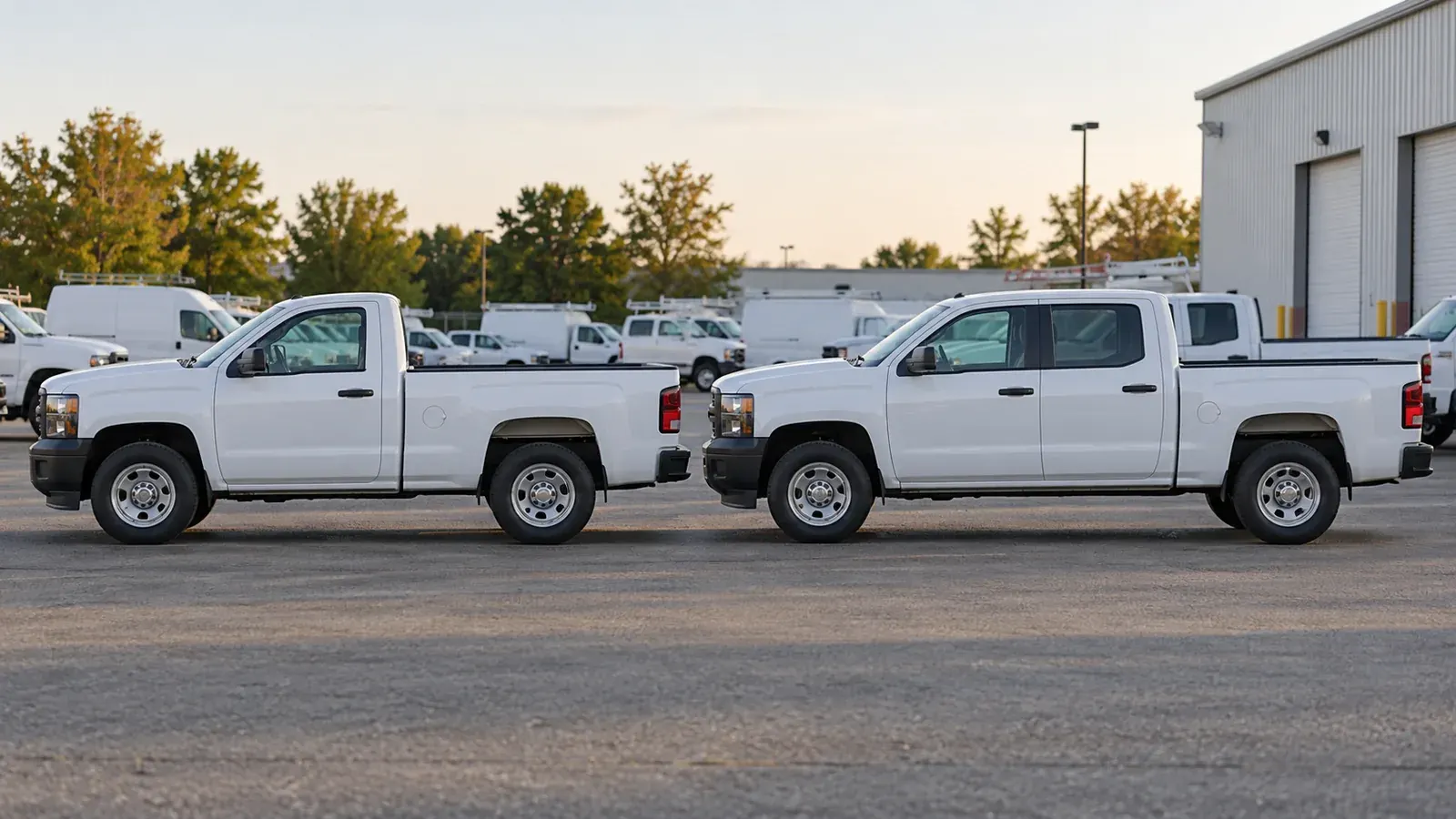 A regular-cab and a crew-cab pickup parked side by side in a commercial fleet lot.