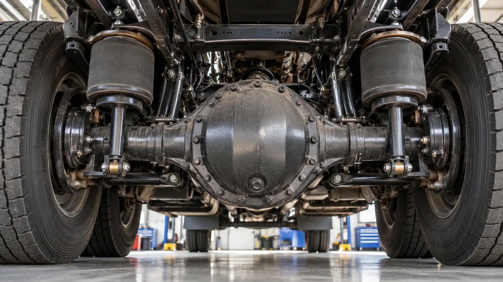 Close-up of the drive-axle differential and suspension underneath a semi truck.