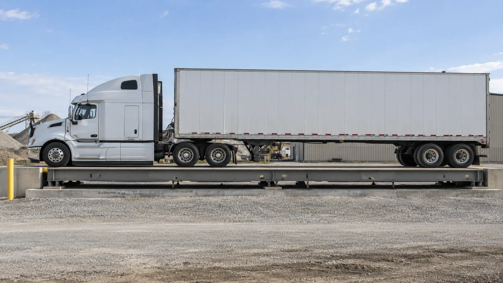 A tractor-trailer positioned on a commercial vehicle weighbridge in an industrial yard.