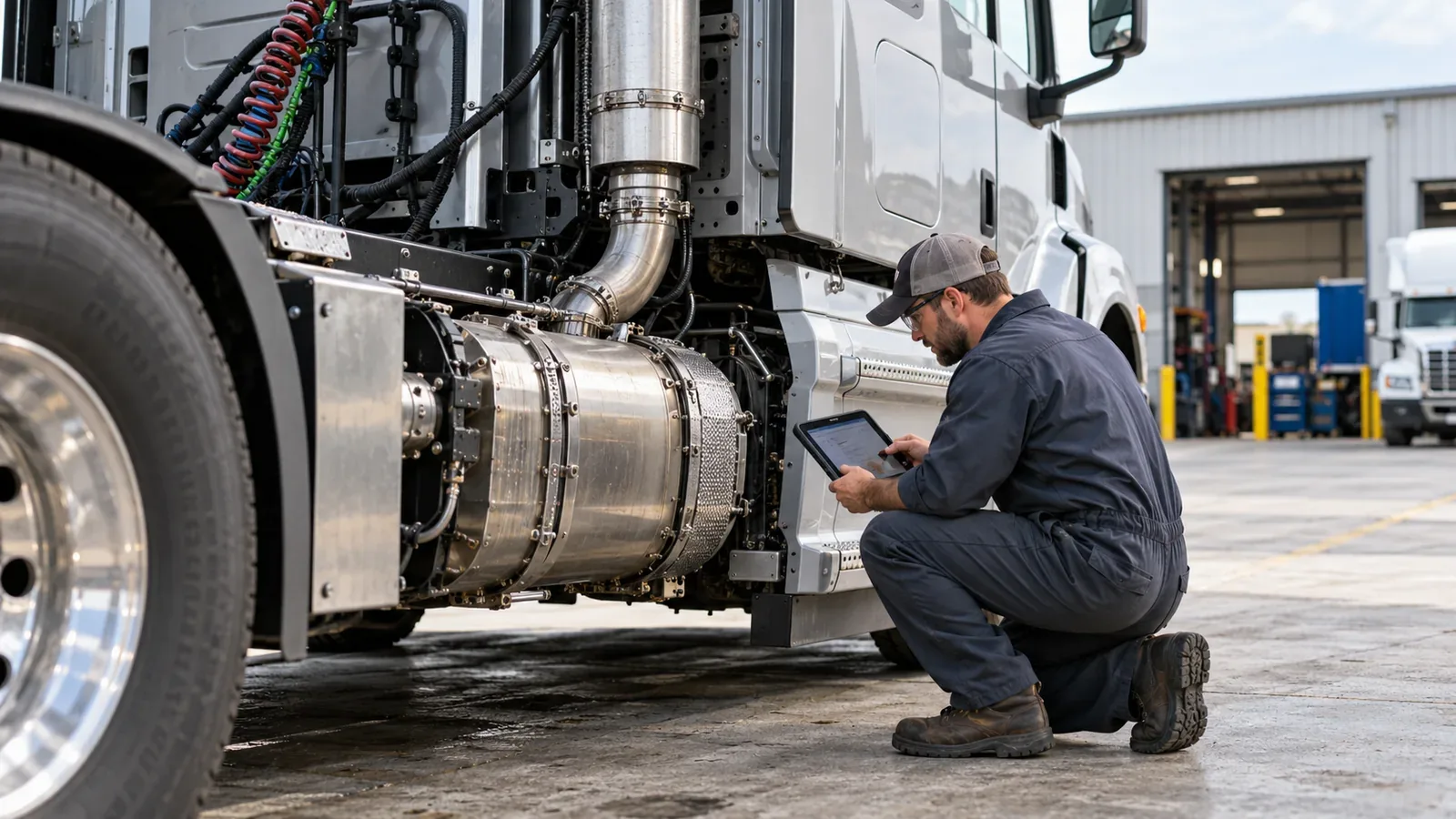 A diesel technician inspecting the exhaust aftertreatment system on a parked semi truck.