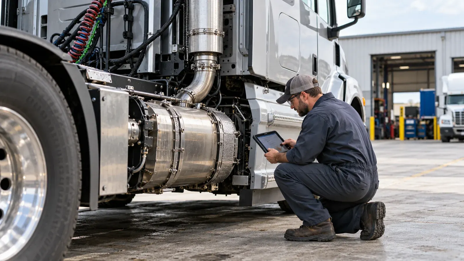 A diesel technician inspecting the exhaust aftertreatment system on a parked semi truck.