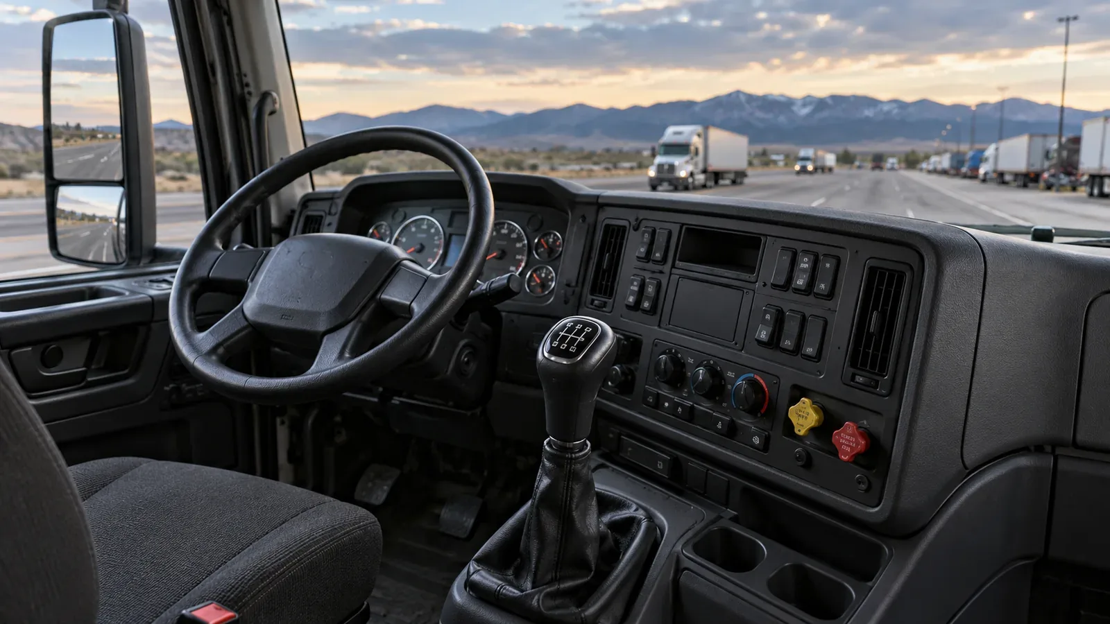 The dashboard and manual gear selector inside a heavy-duty semi truck cab.