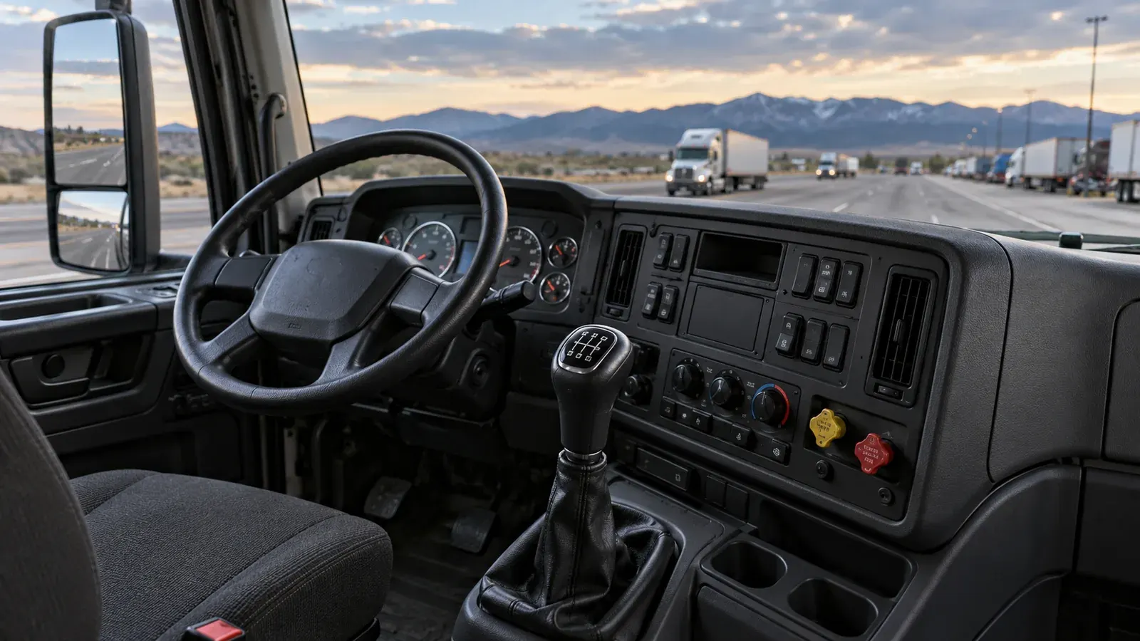The dashboard and manual gear selector inside a heavy-duty semi truck cab.