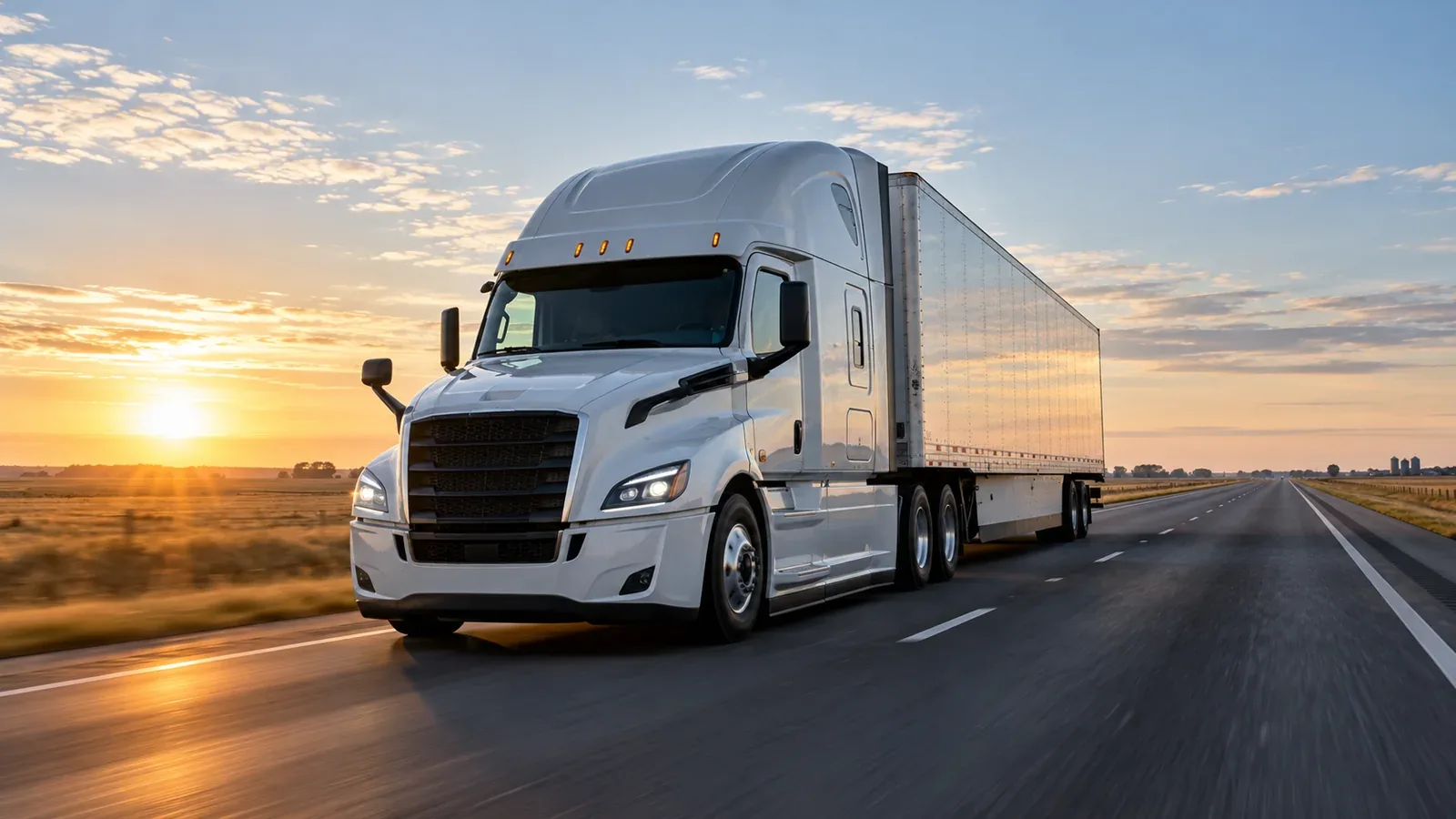 A white long-haul semi truck pulling a dry van trailer on an open highway at sunset.