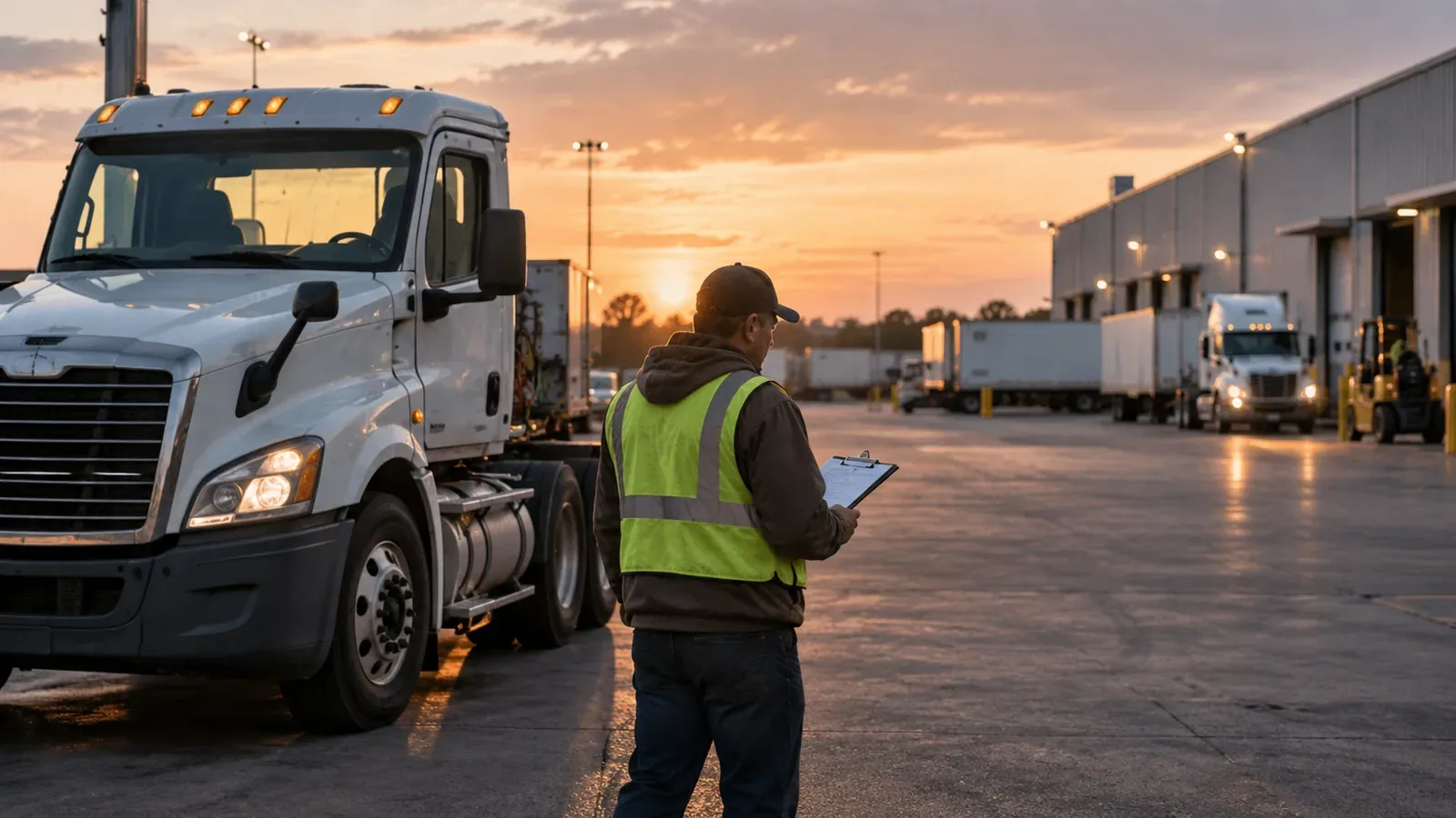 Short-haul truck and driver returning to a regional freight terminal at the end of the workday