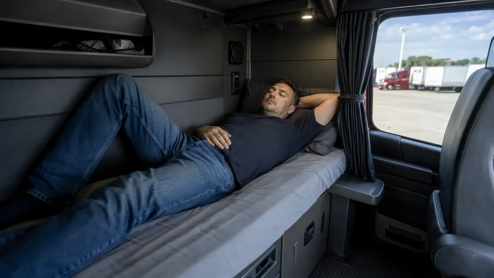 Truck driver resting inside a sleeper berth during an off-duty break