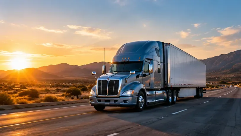 Blue semi truck traveling along an American highway at sunset