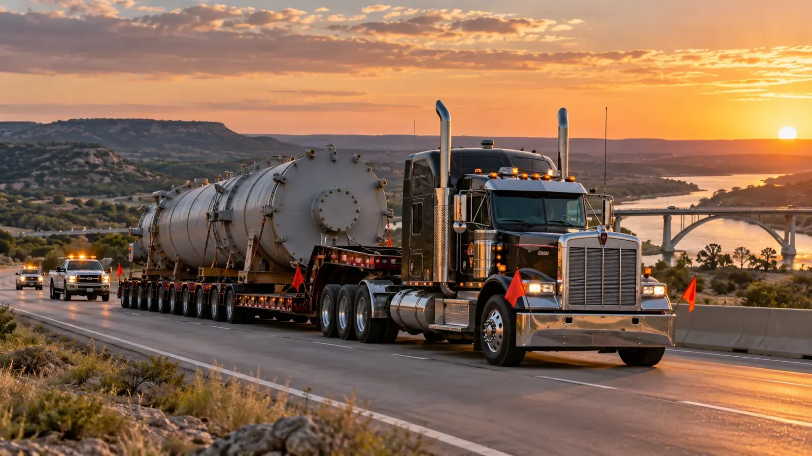 Oversize heavy-haul truck transporting industrial equipment with escort vehicles in Texas
