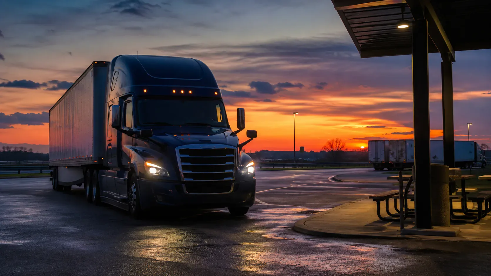 Commercial truck entering a rest area at dusk after a long driving day