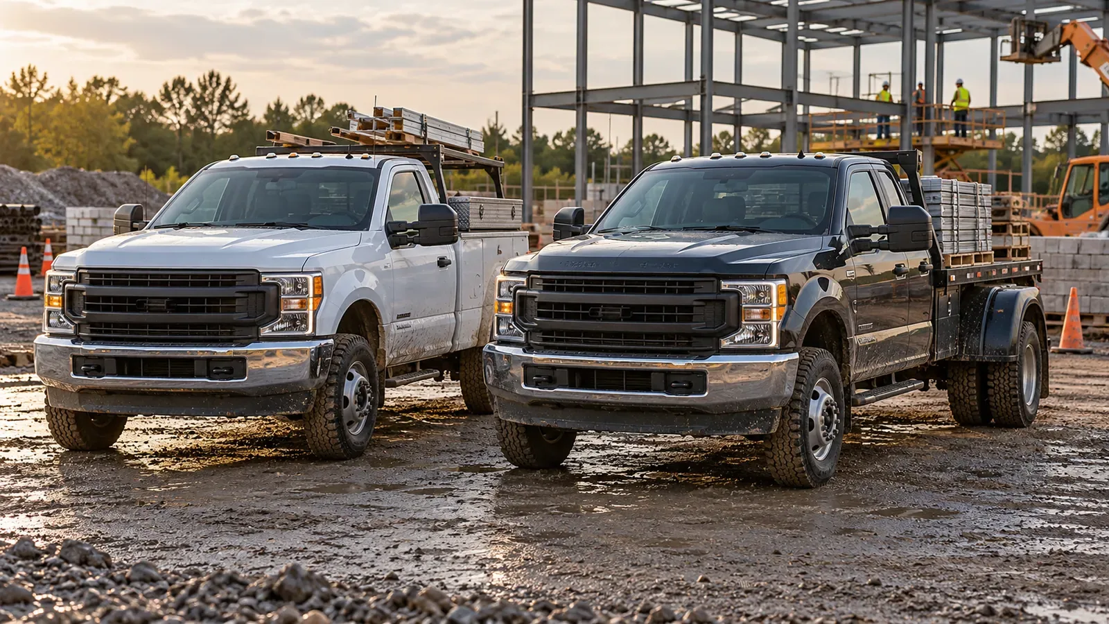 Two heavy-duty work pickups with different cab and rear-axle configurations at a building site.