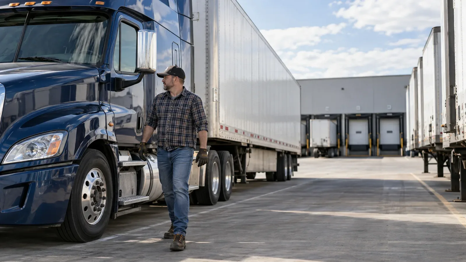 Owner-operator beside a tractor connected to a non-owned trailer in a commercial freight yard