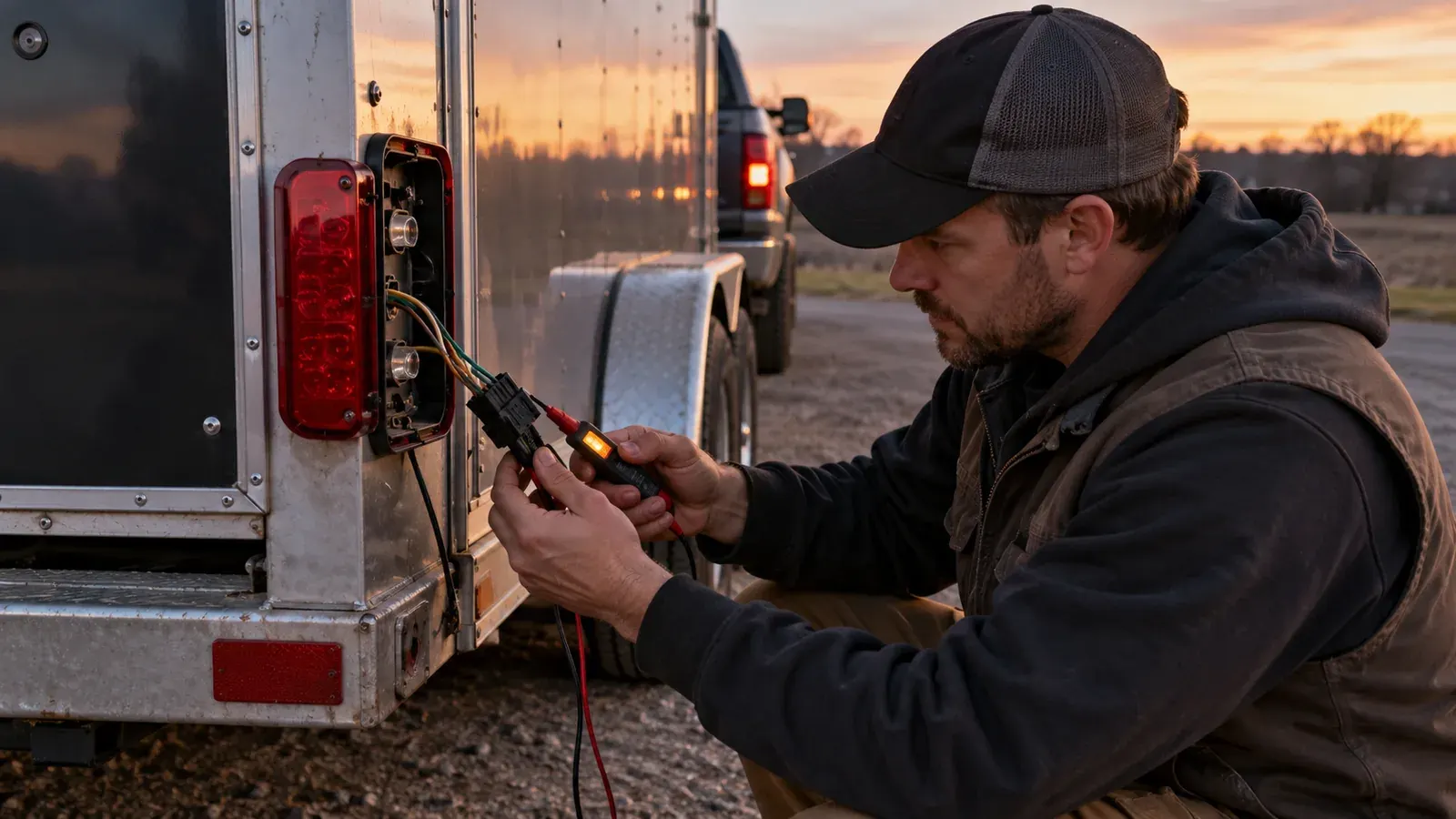 A technician testing the wiring behind a cargo trailer tail light at dusk.
