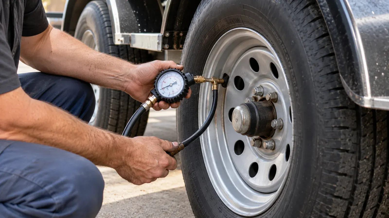 A mechanic measuring the air pressure of a trailer tire with a handheld gauge.