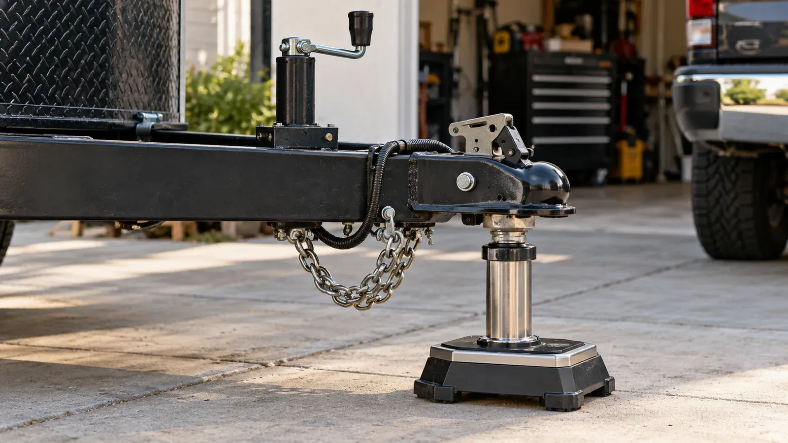 Close view of a trailer tongue, ball coupler and supporting weight-measurement equipment.