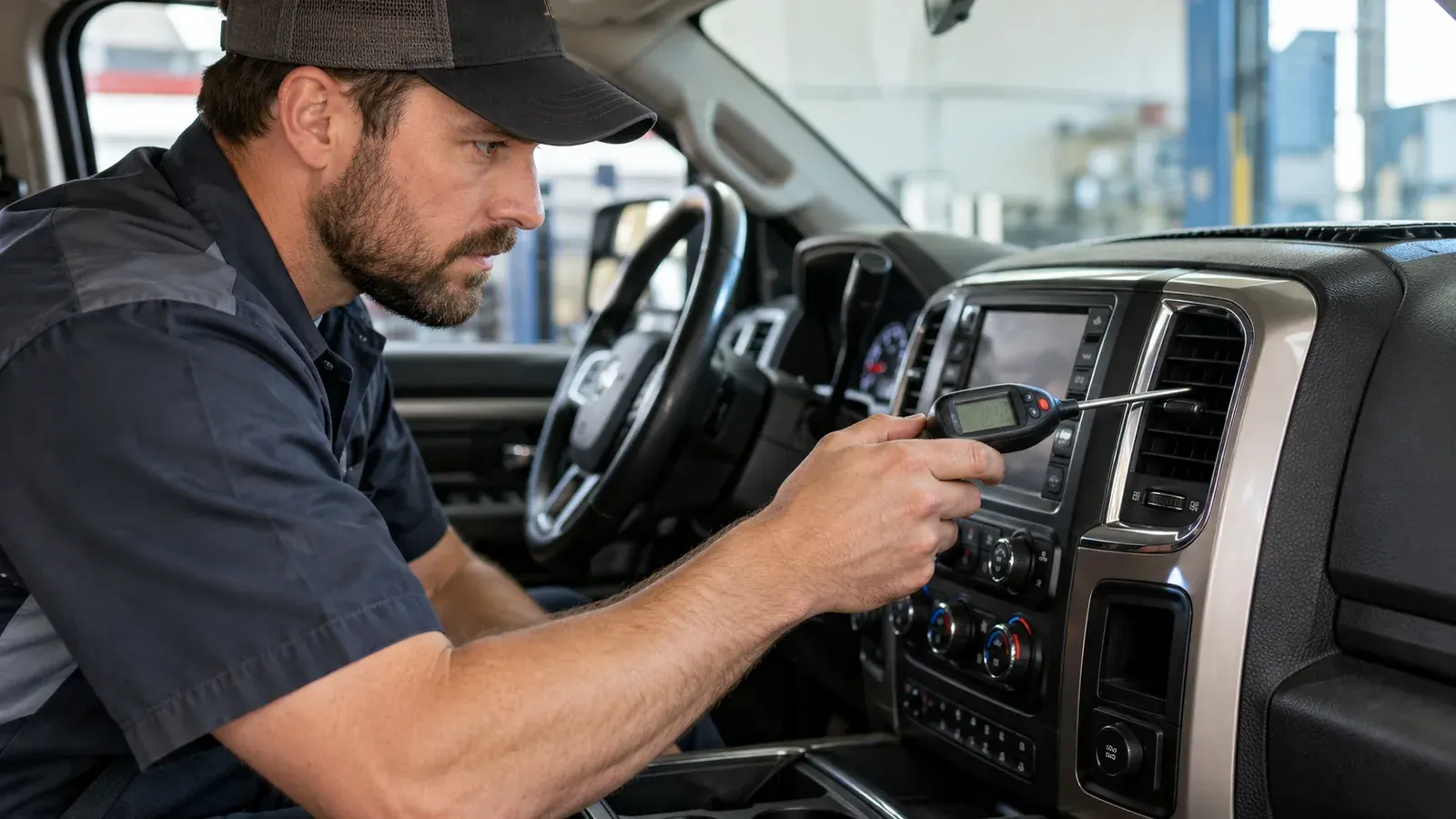 A technician diagnosing the air-conditioning system of a pickup truck in a workshop.