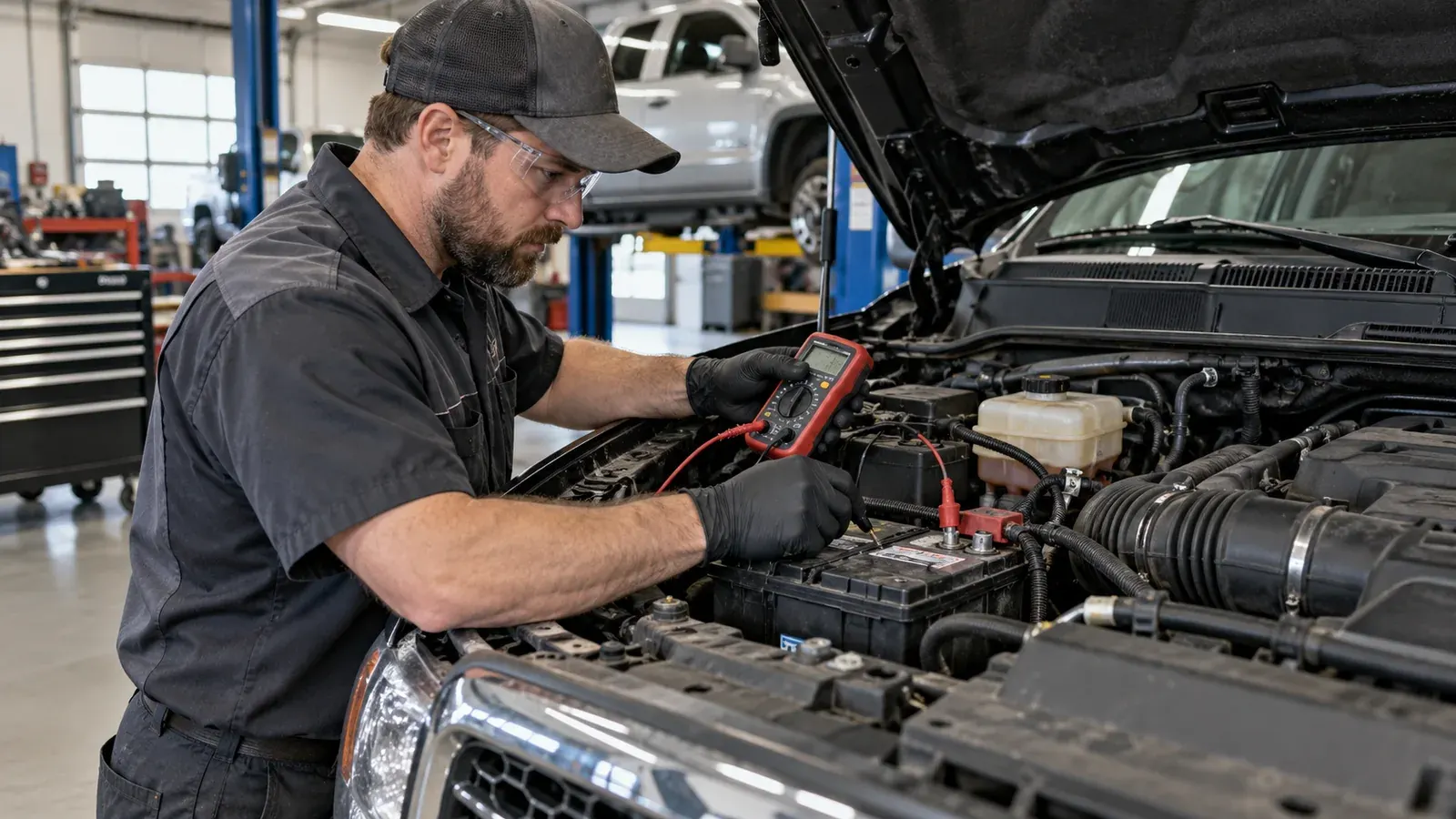 A mechanic testing a work truck battery with a digital multimeter in a professional garage.