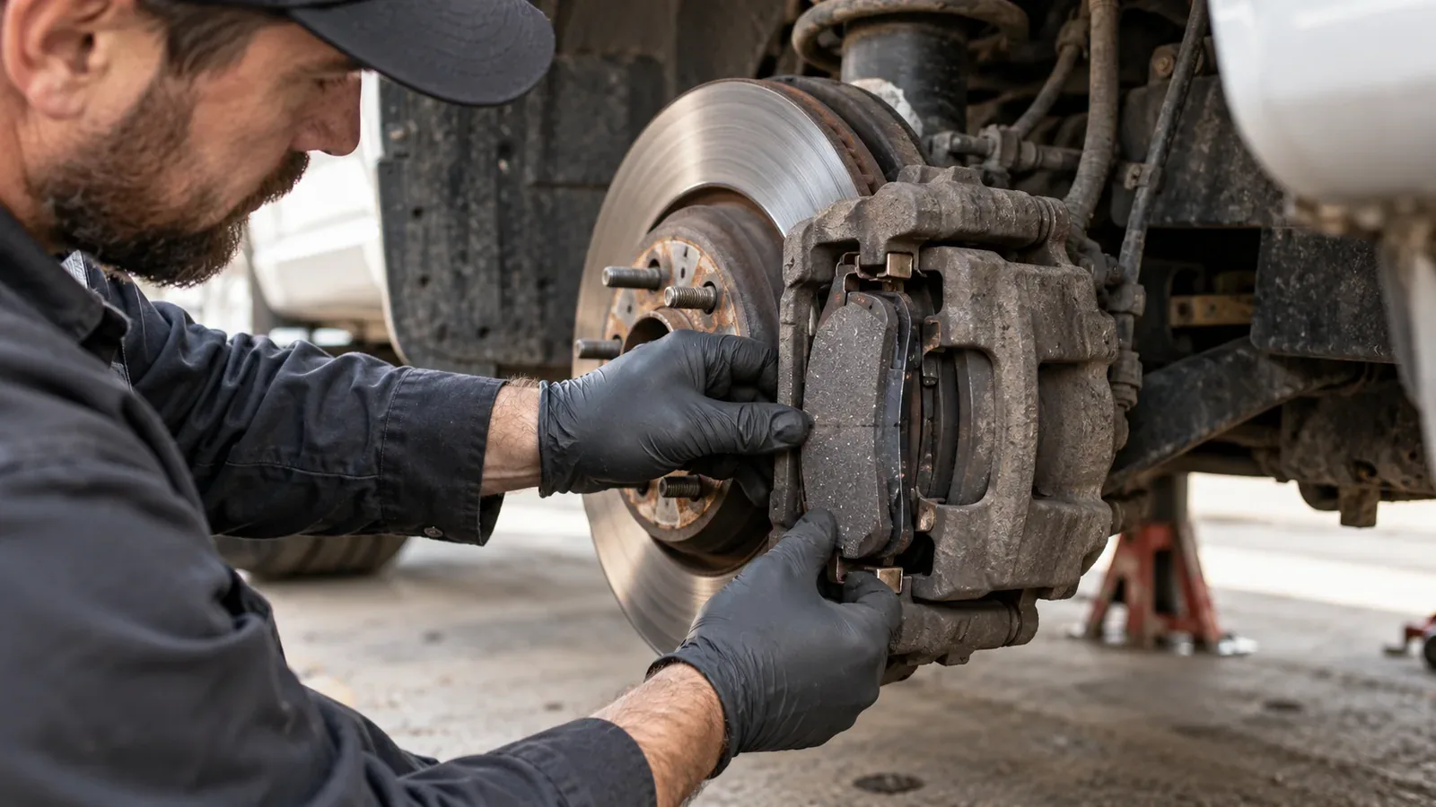 A mechanic checking the disc brake rotor, caliper and brake pads of a pickup with its wheel removed.