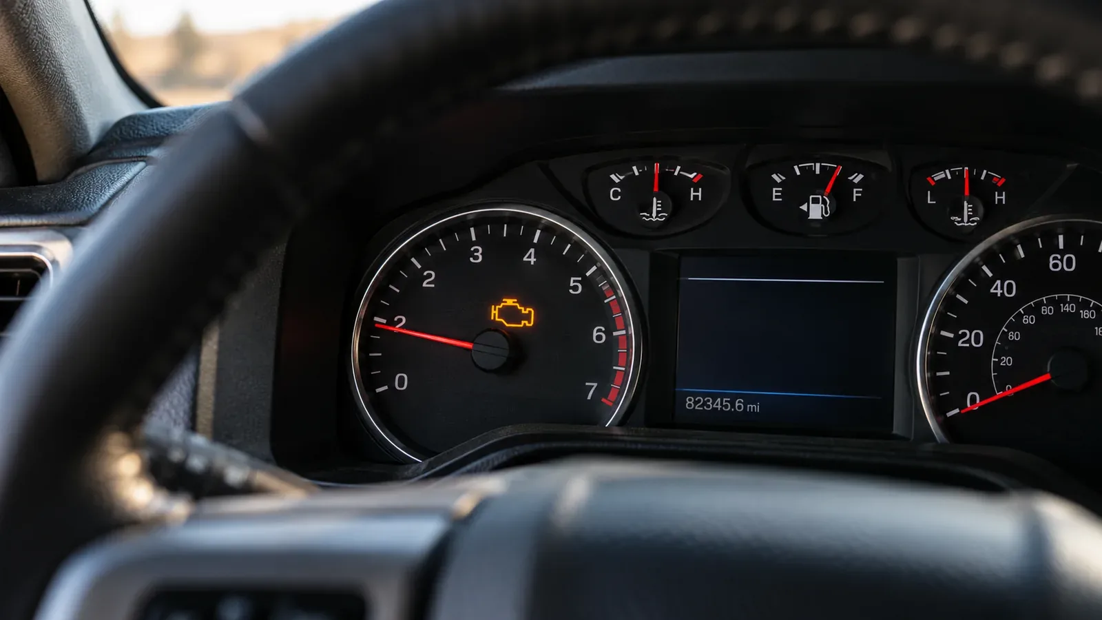 A dashboard instrument cluster with an illuminated check-engine warning light.