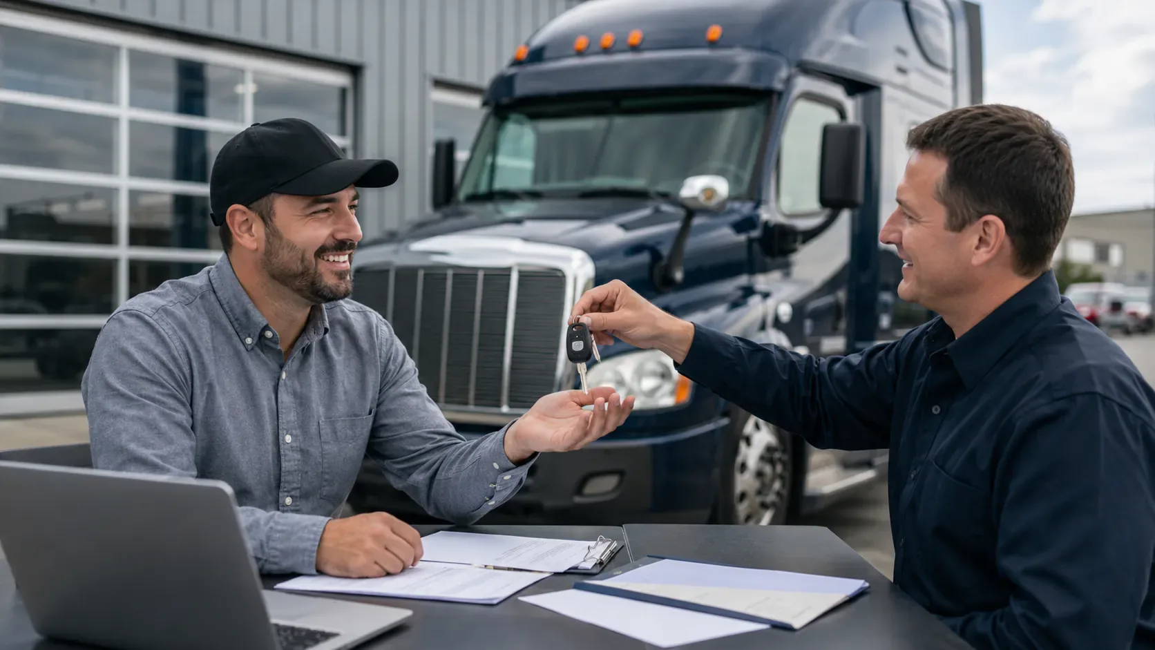 New trucking business owner receiving the keys to a financed commercial truck