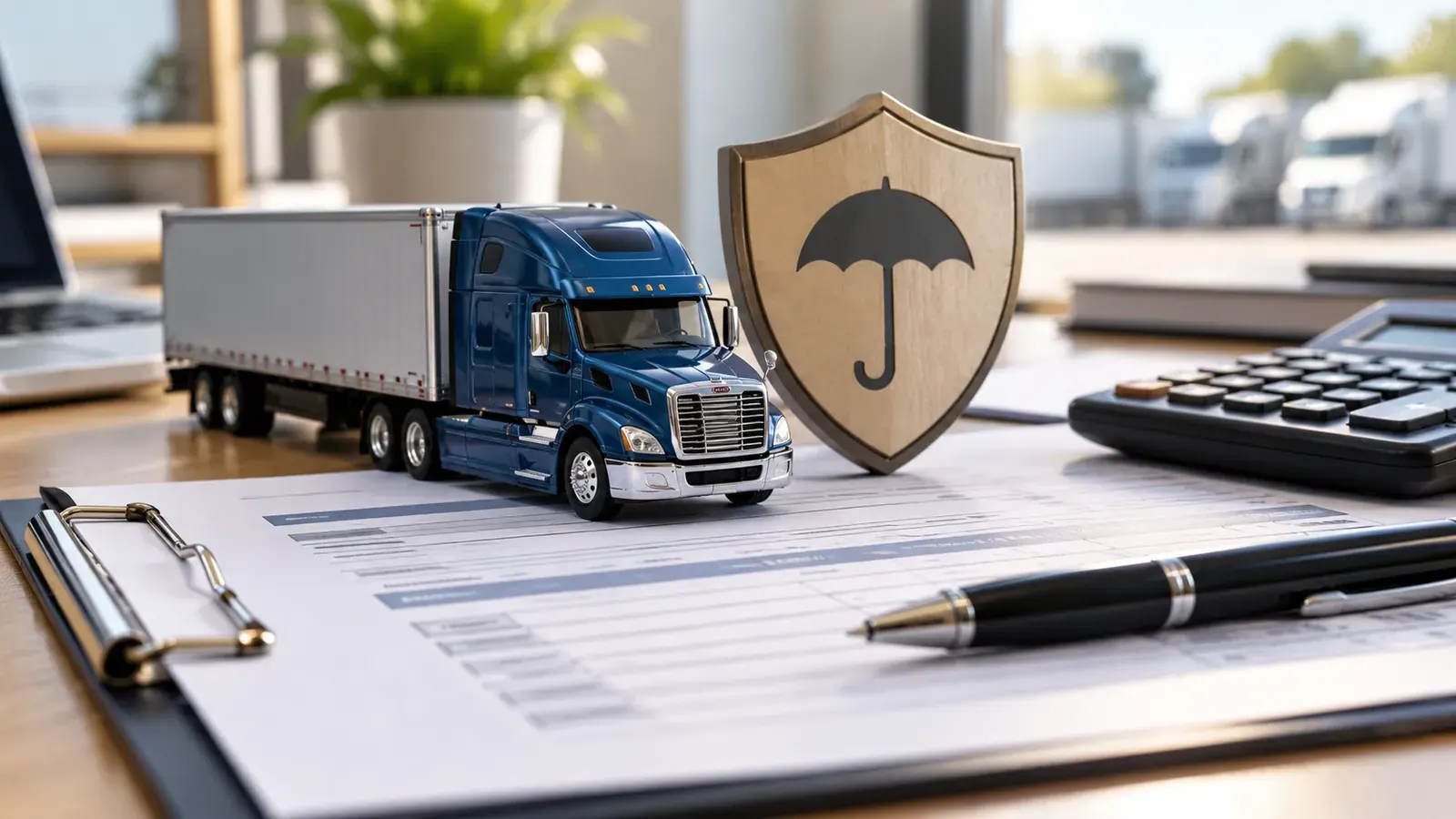 Model semi truck and insurance paperwork on an office desk