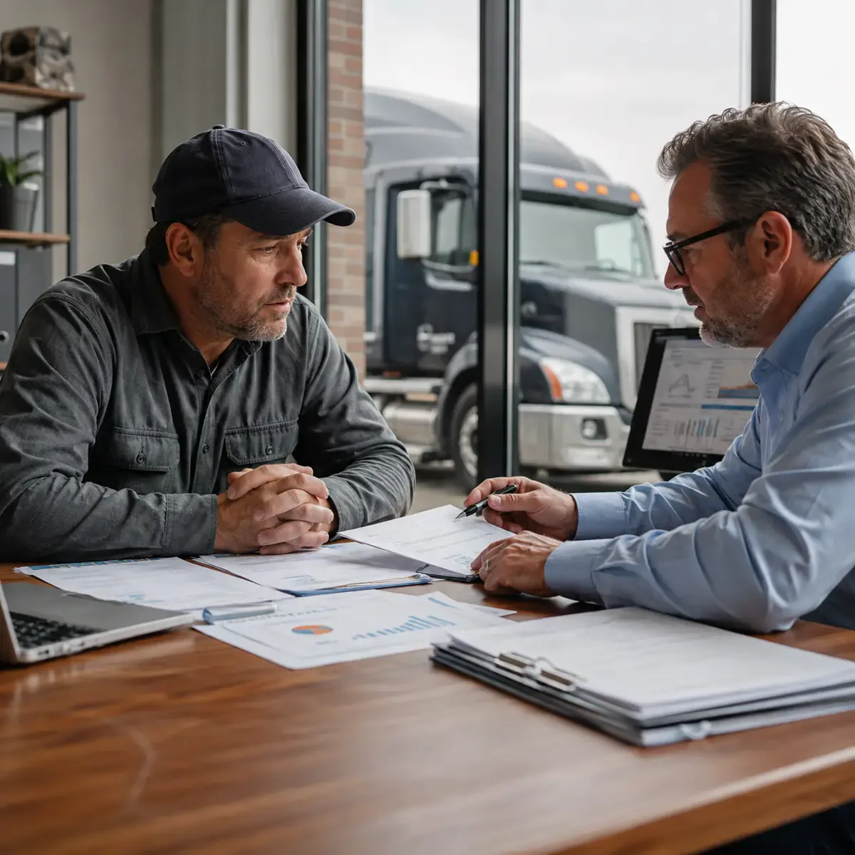 Owner-operator reviewing commercial truck insurance renewal documents, loss runs and safety records