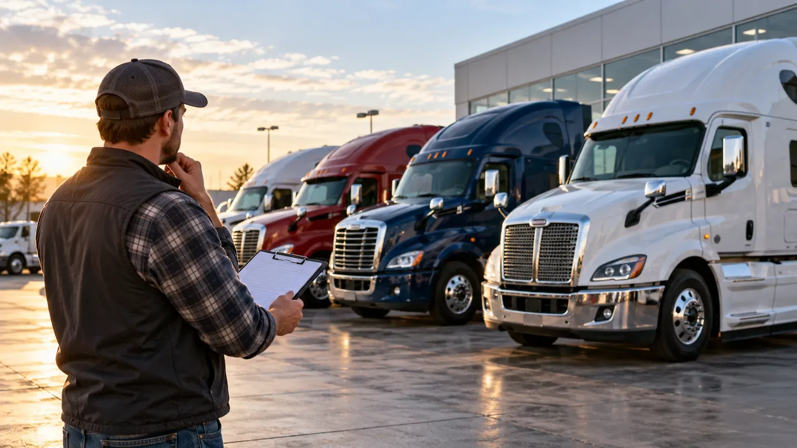 Trucking operator comparing several semi trucks parked at a dealership