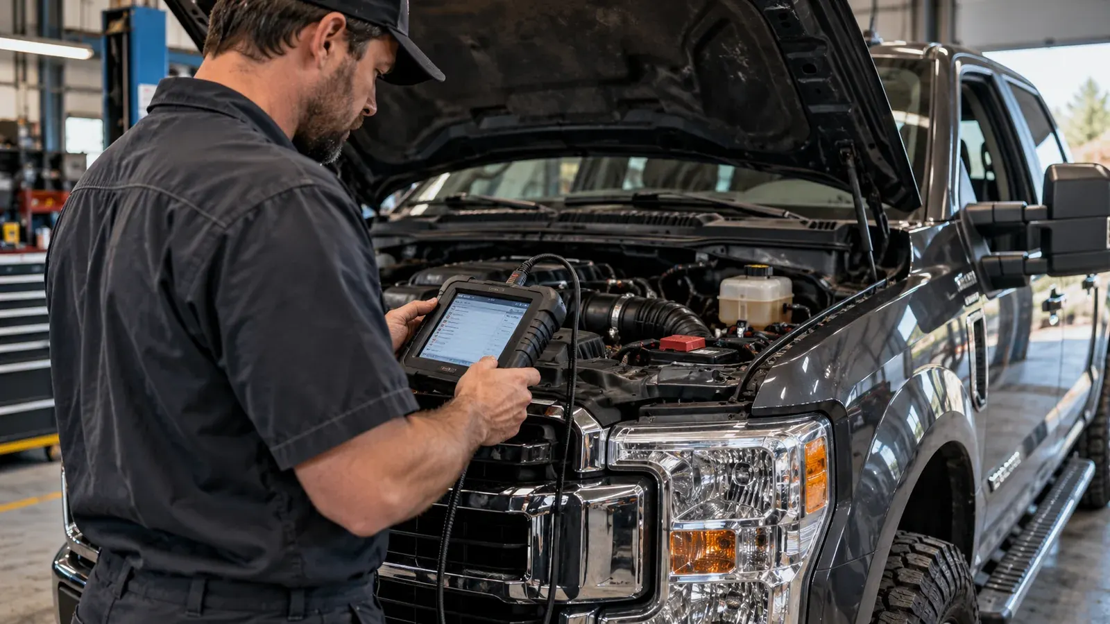 A work pickup undergoing diagnostic inspection in a repair shop for a loss-of-power complaint.