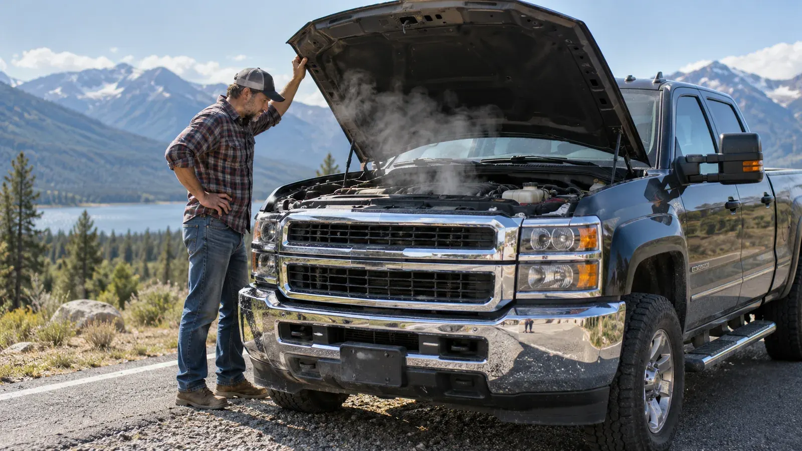 A work pickup stopped at the roadside near a mountain lake after an overheating problem.