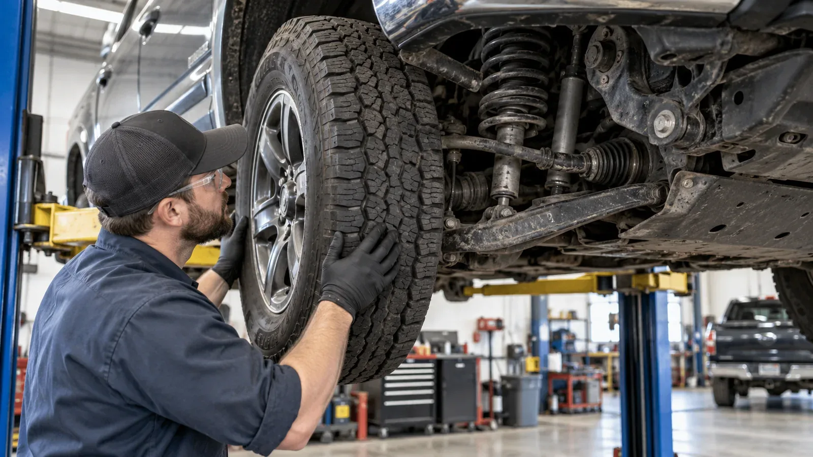A mechanic inspecting the front suspension and steering components of a work truck in a repair bay.