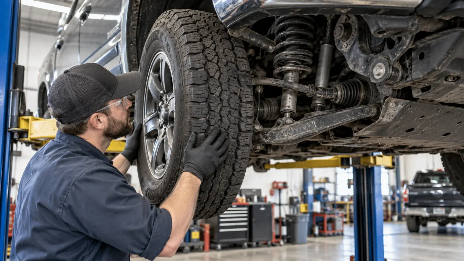 A mechanic inspecting the front suspension and steering components of a work truck in a repair bay.