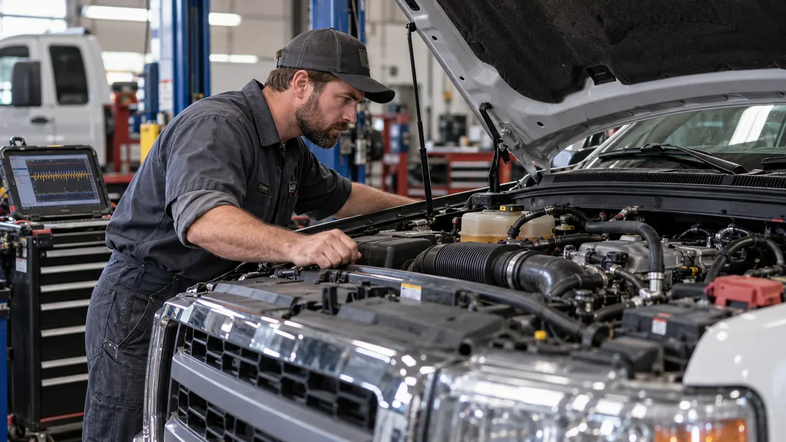 A mechanic inspecting the running engine of a stationary work pickup to diagnose rough idle.