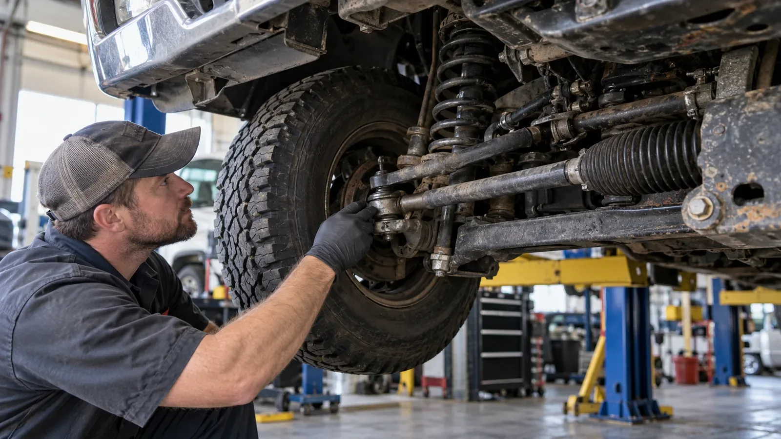 A mechanic inspecting the front steering linkage and suspension under a lifted pickup.
