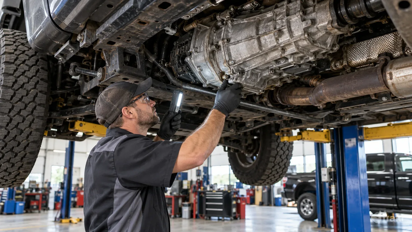 A technician using an inspection light to inspect a pickup transmission on a workshop lift.