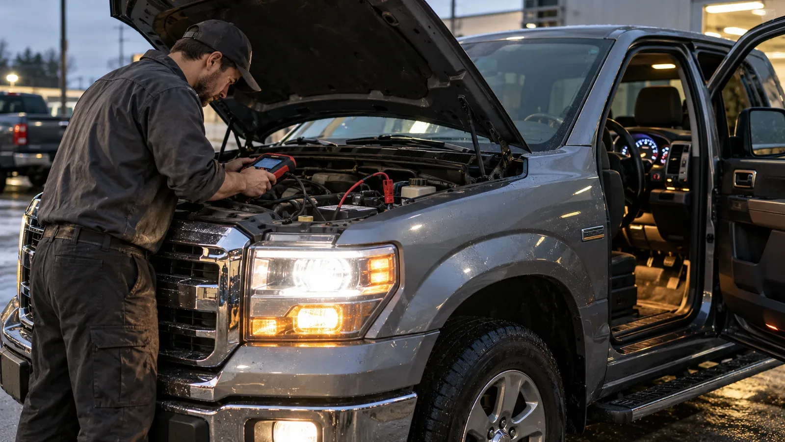 A mechanic diagnosing a truck that will not start inside a professional repair shop.