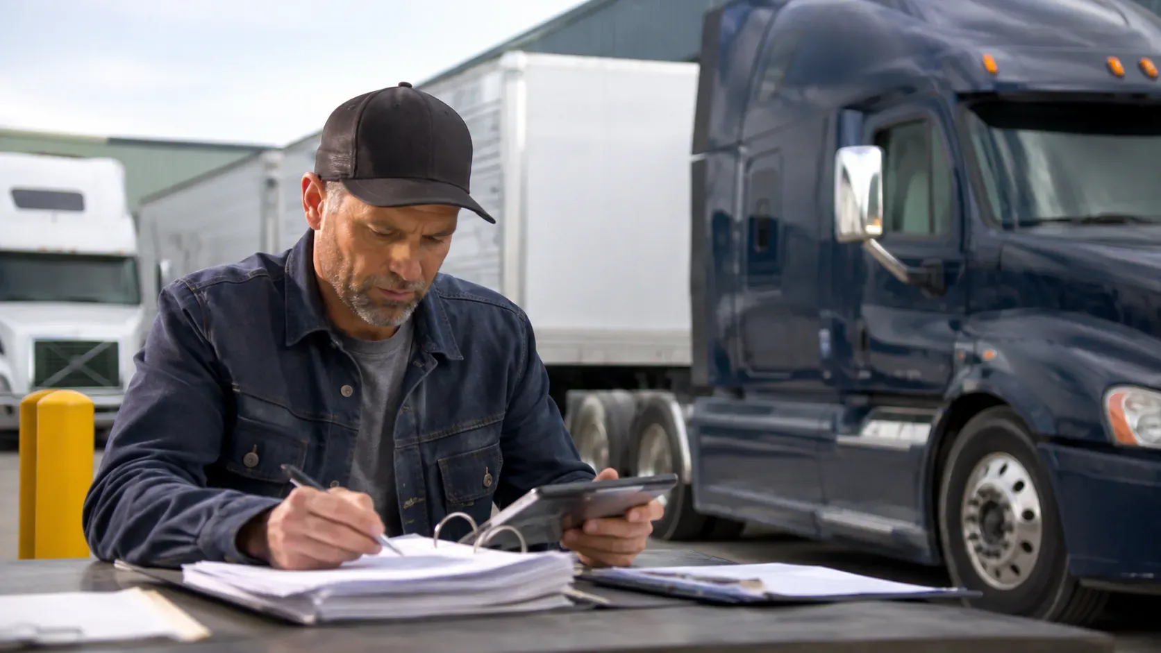 Truck owner calculating registration costs and reviewing business records near commercial vehicles