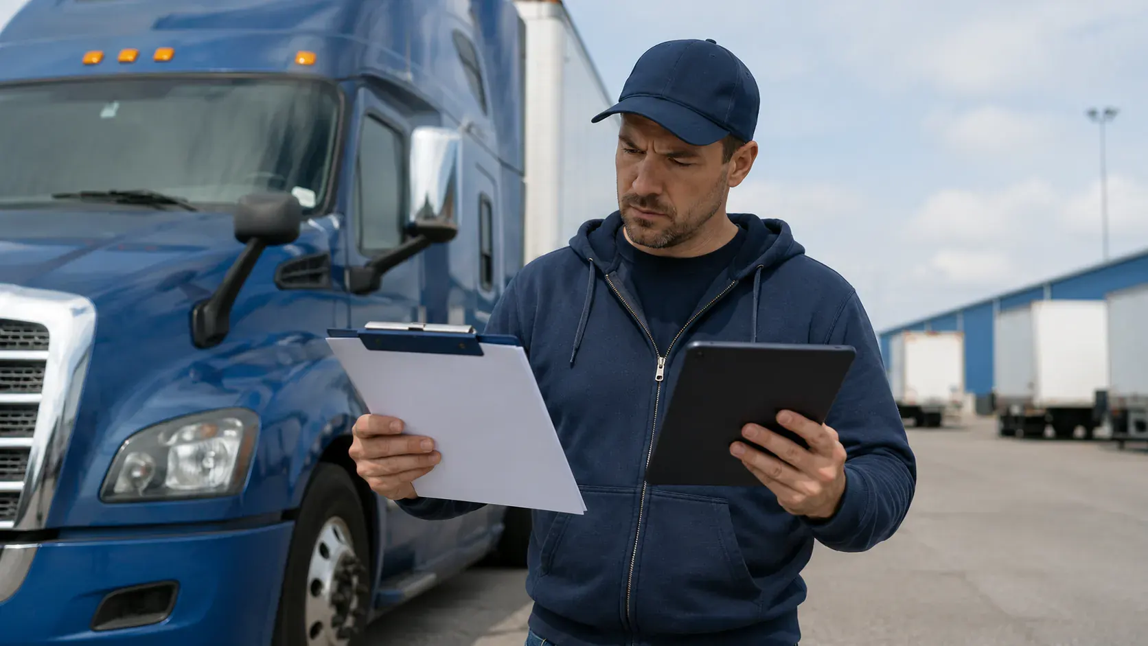 Owner-operator comparing registration documents and a tablet beside a commercial truck