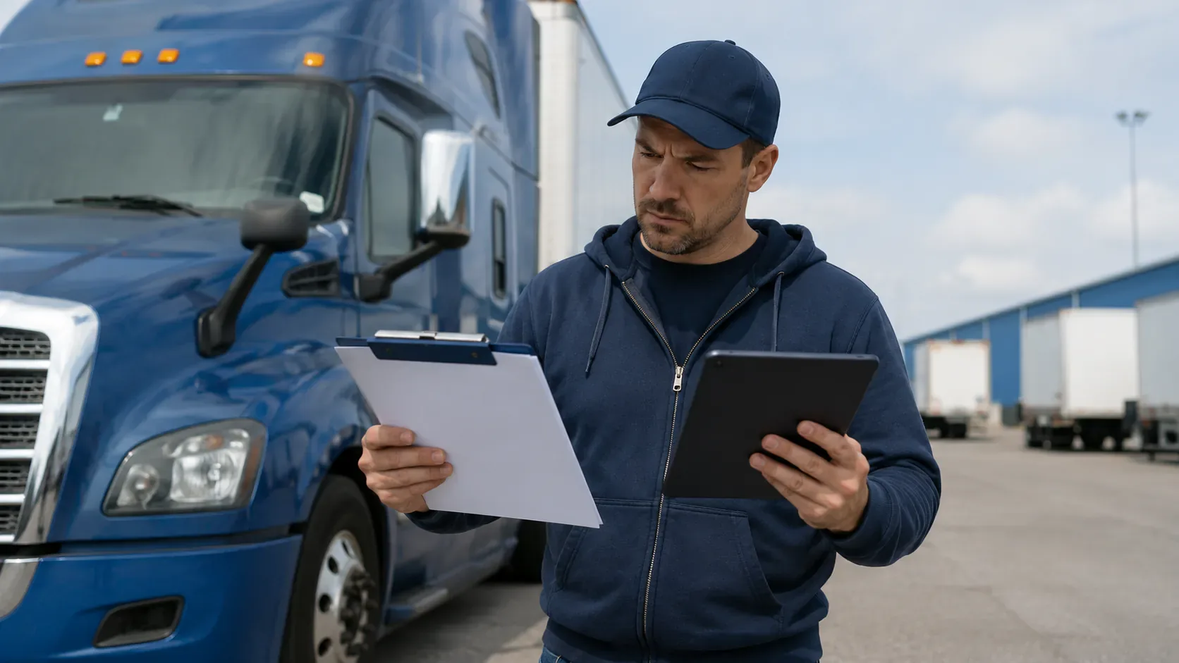 Owner-operator comparing registration documents and a tablet beside a commercial truck