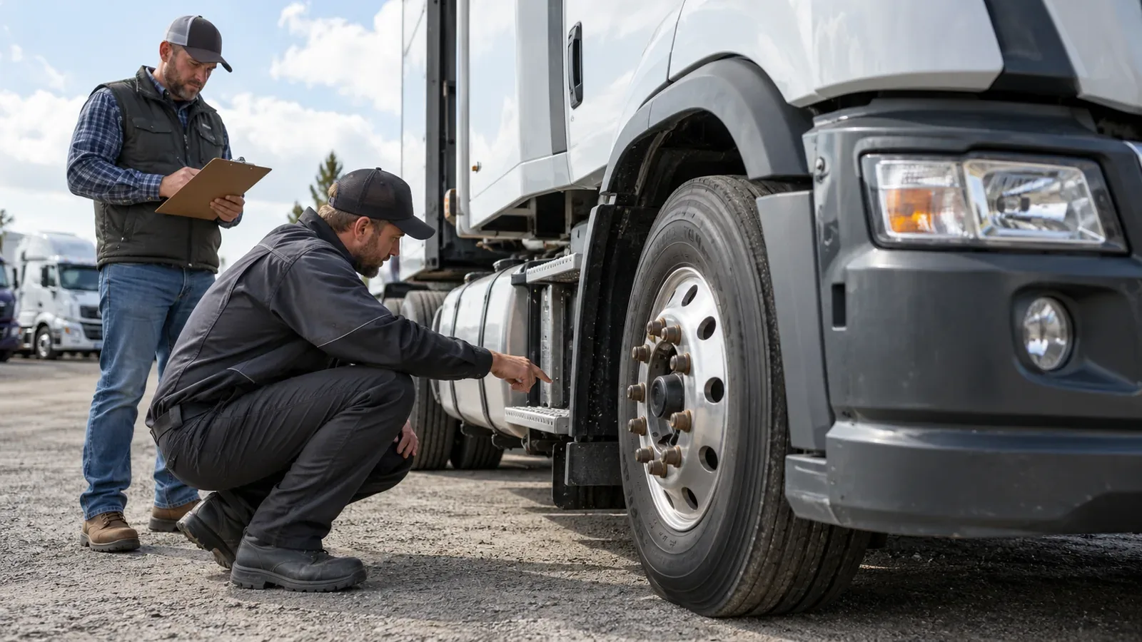 A mechanic inspecting the front wheel of a used semi truck while a buyer takes notes.