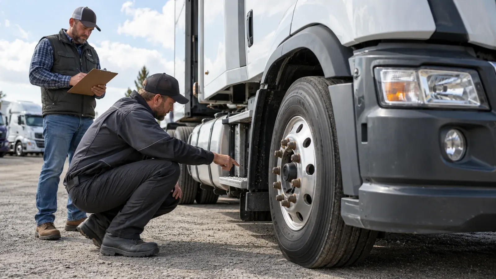 A mechanic inspecting the front wheel of a used semi truck while a buyer takes notes.
