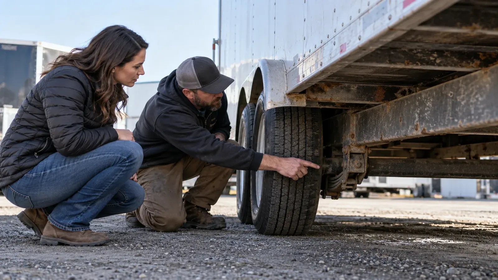 Two people inspecting the suspension and frame of a used enclosed cargo trailer before purchase.