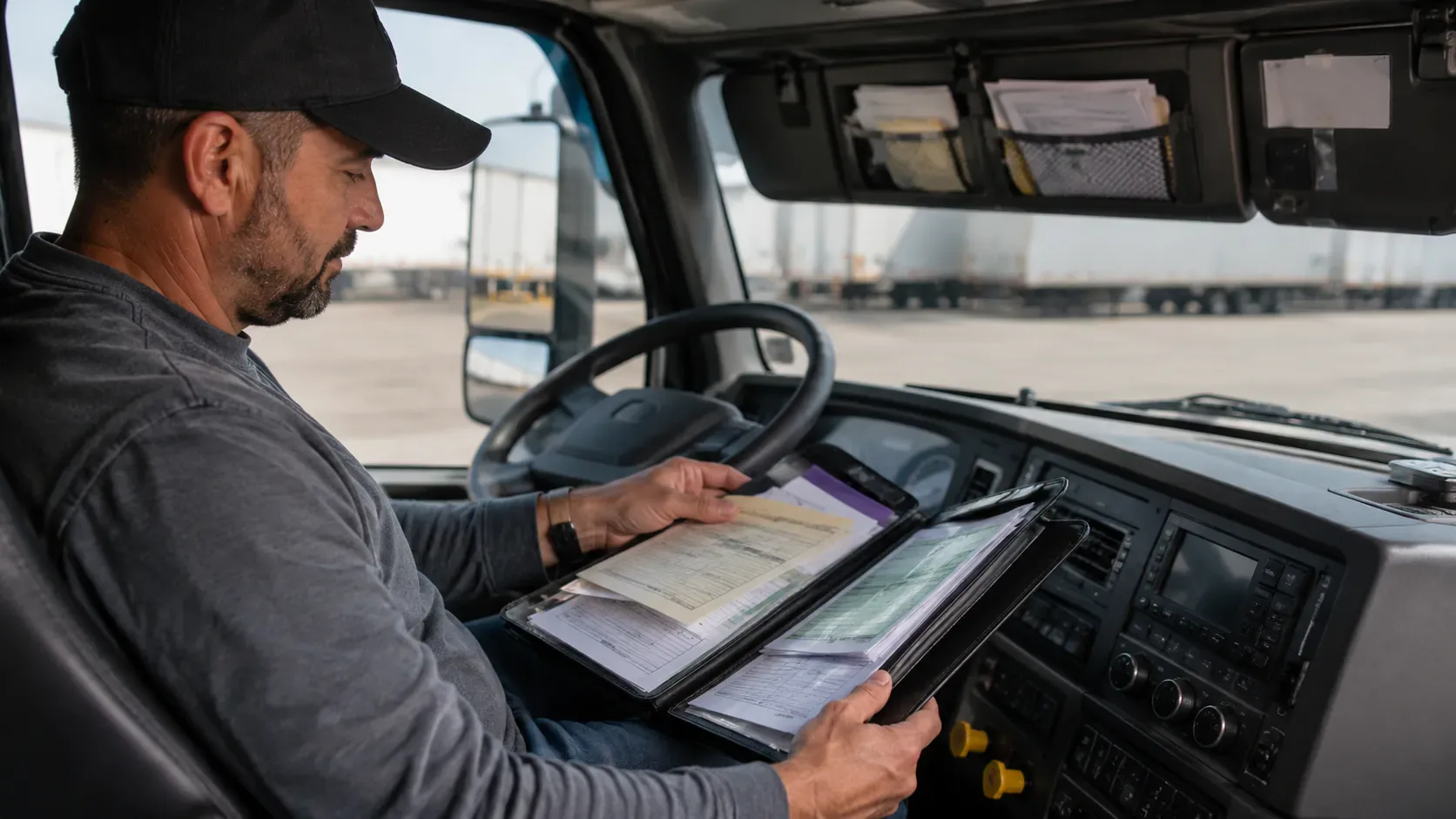 Commercial driver reviewing required documents inside the truck cab