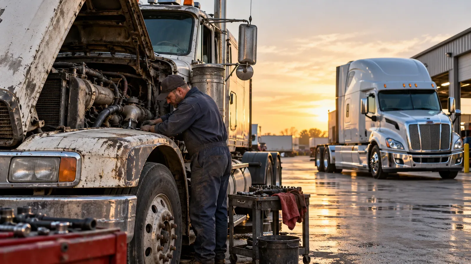 Mechanic repairing an older semi truck beside a newer truck in a service yard