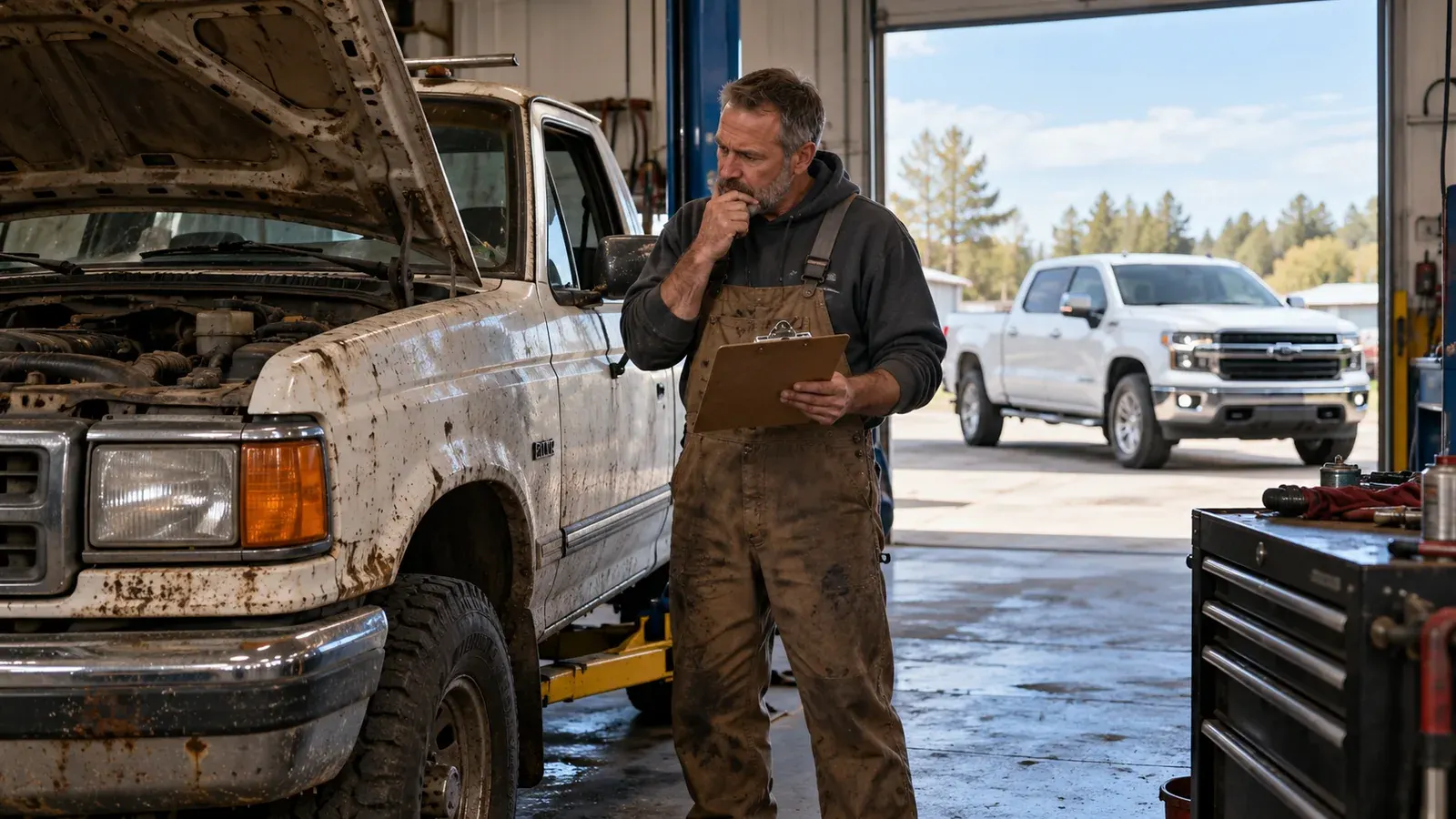 A mechanic assessing an older work pickup in a repair shop with a newer truck outside.