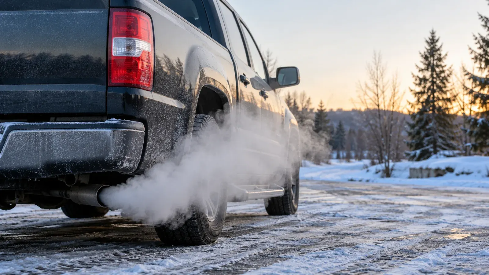 White exhaust vapor dispersing from the tailpipe of a pickup on a cold snowy morning.