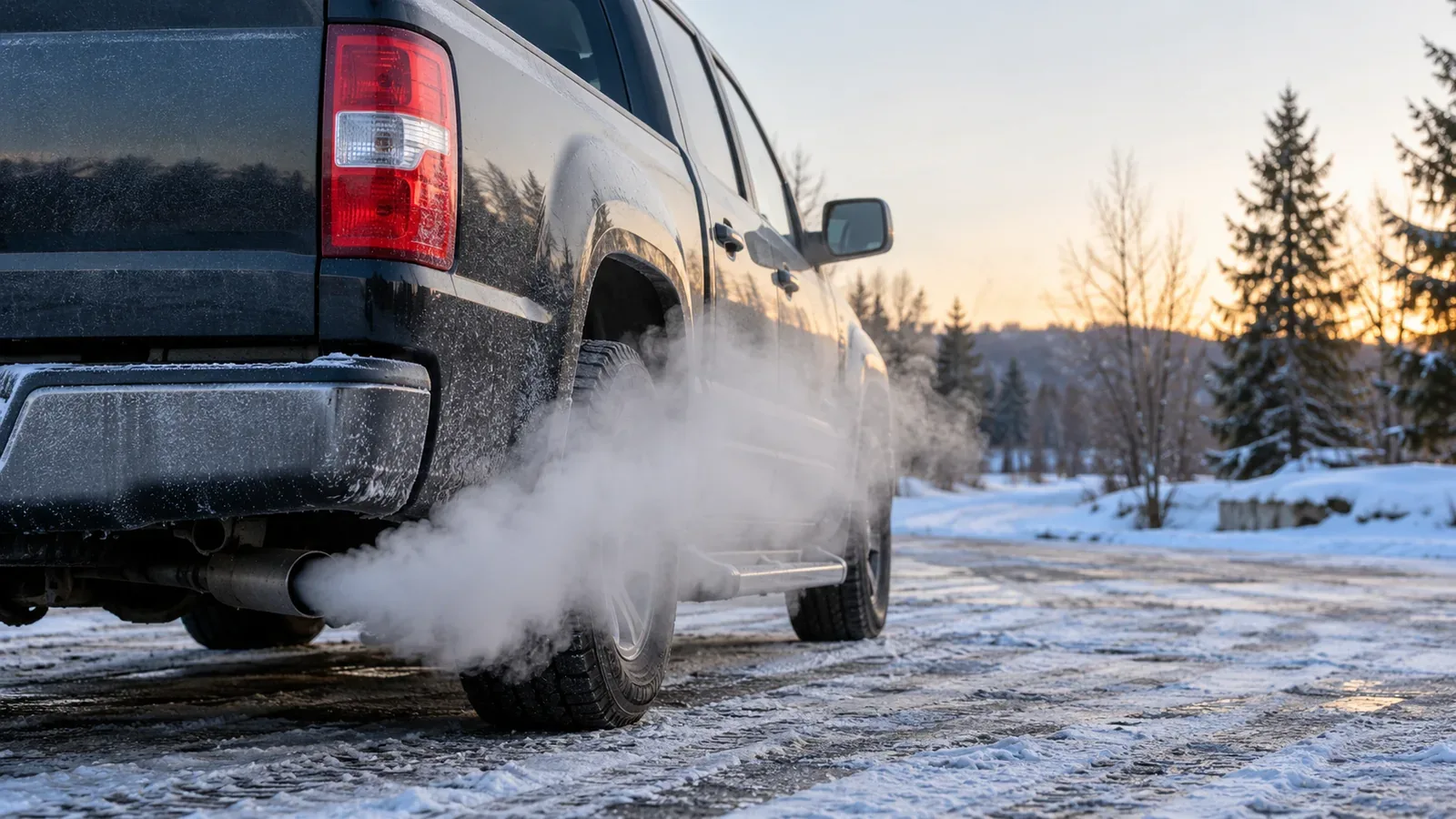 White exhaust vapor dispersing from the tailpipe of a pickup on a cold snowy morning.