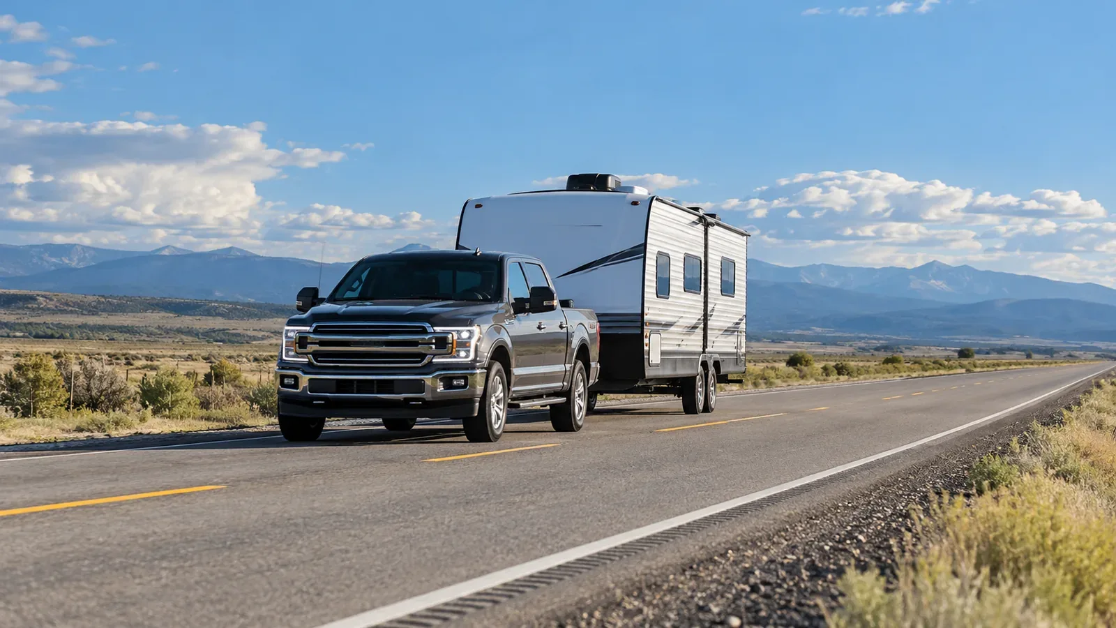 A pickup towing an enclosed travel trailer on a straight, open road in the mountains.