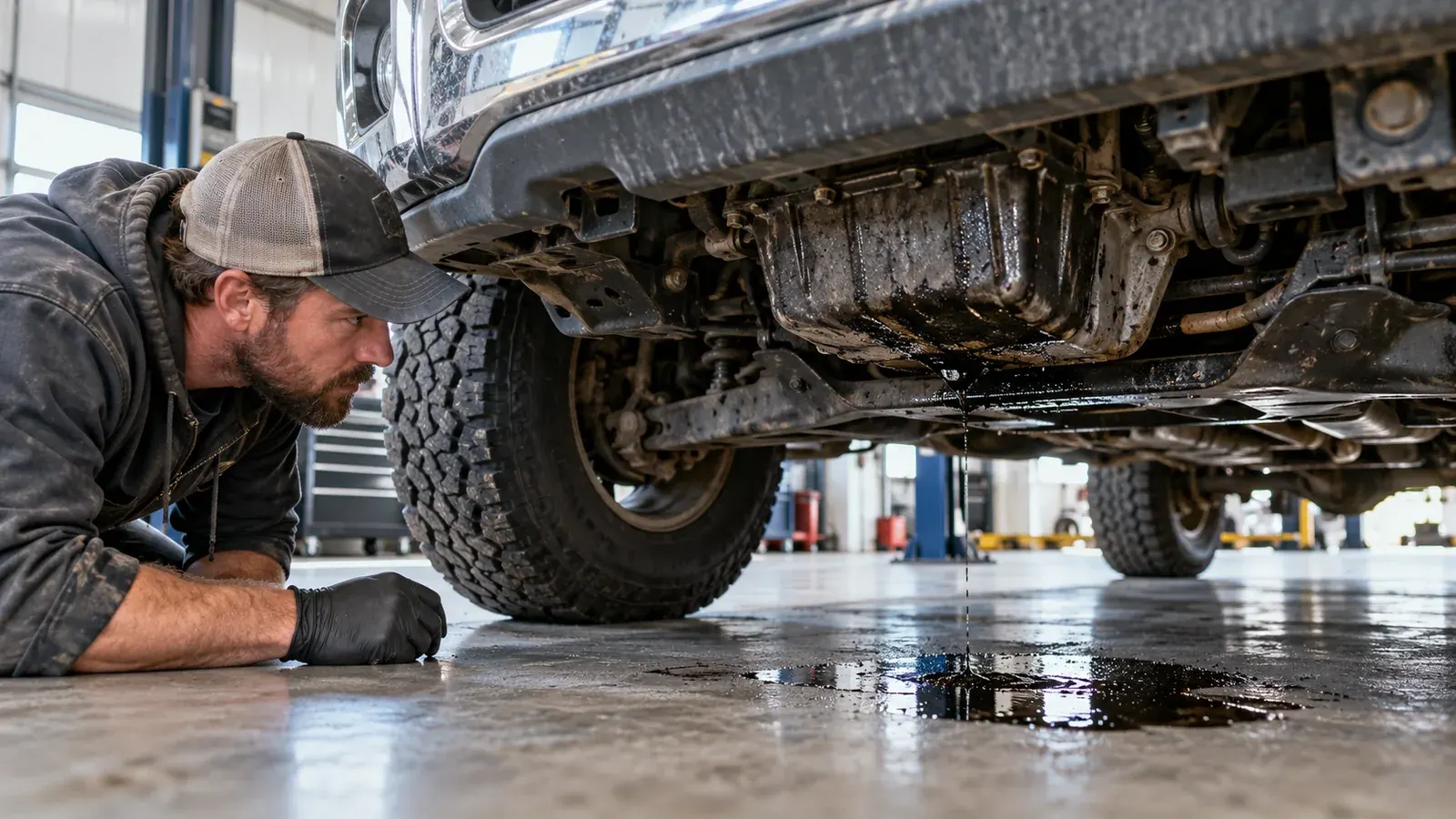 A mechanic examining a small engine oil leak beneath a pickup truck on a service lift.