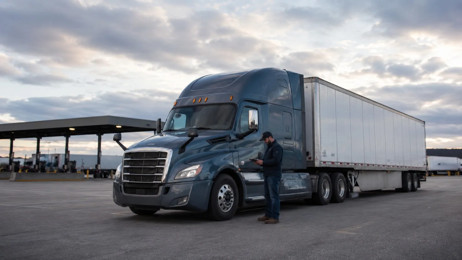 New owner-operator standing beside a semi-truck in a large freight yard