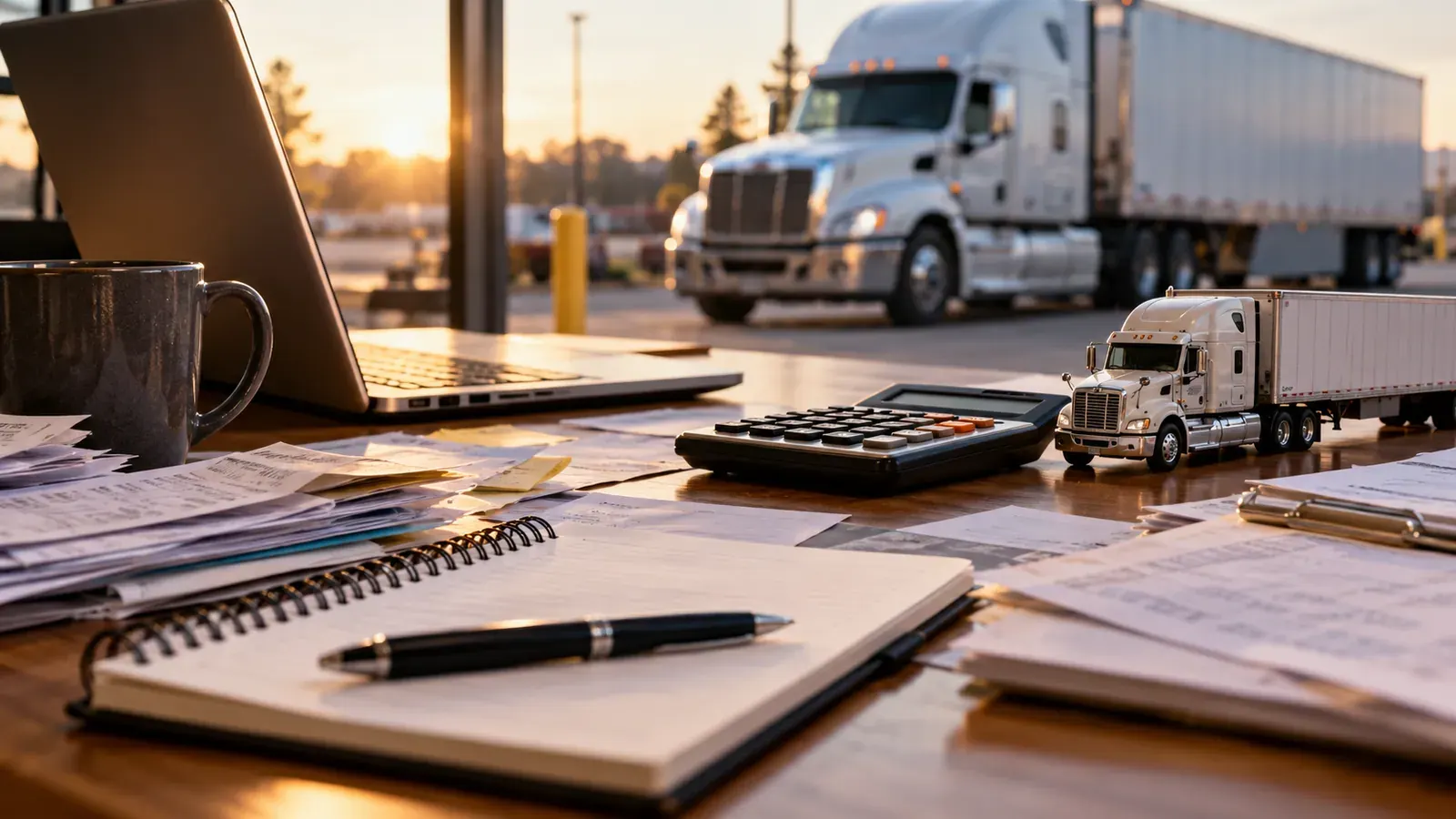 Truck operating paperwork, calculator and financial records on a desk